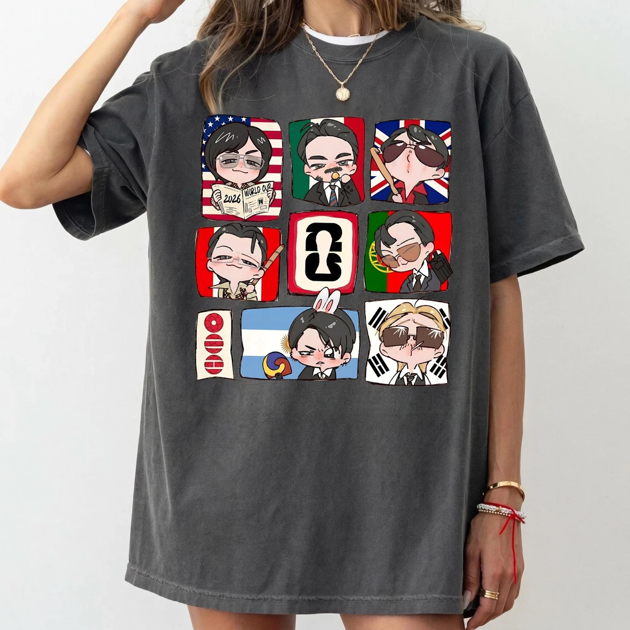 BTS & World Cup Cartoon Graphic Unisex Cotton Shirt Kpop Boy Band 2026 New Men's Women's Fashion Football Special Edition Tshirt