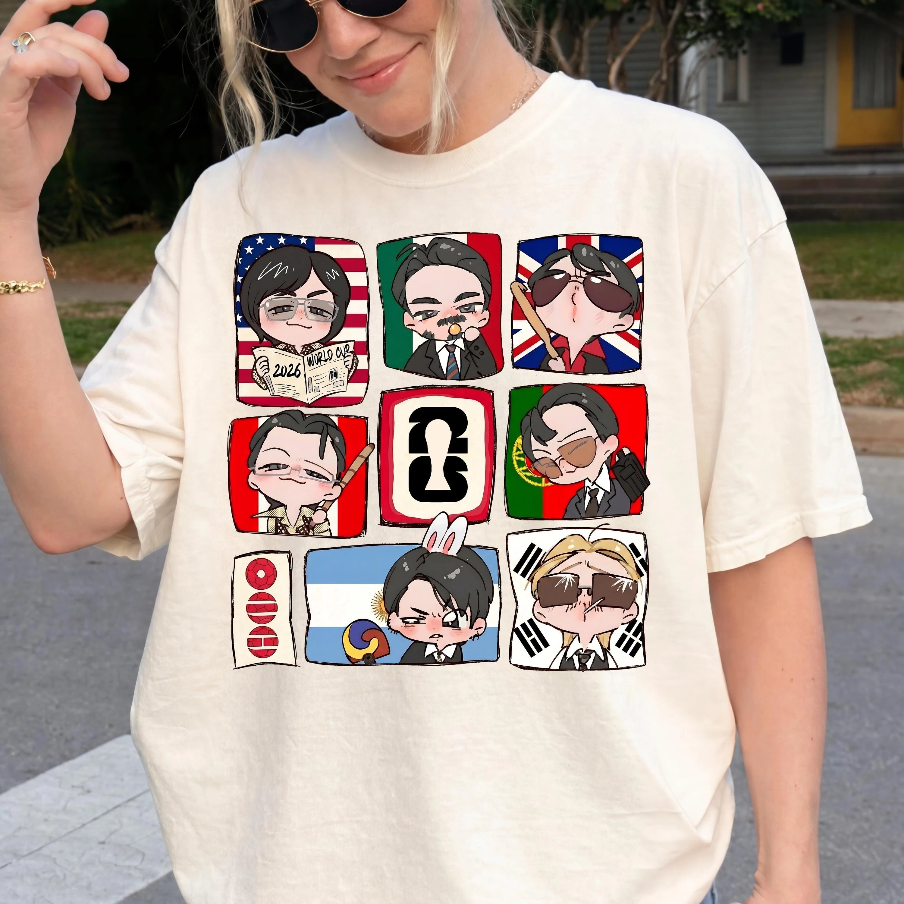 BTS & World Cup Cartoon Graphic Unisex Cotton Shirt Kpop Boy Band 2026 New Men's Women's Fashion Football Special Edition Tshirt