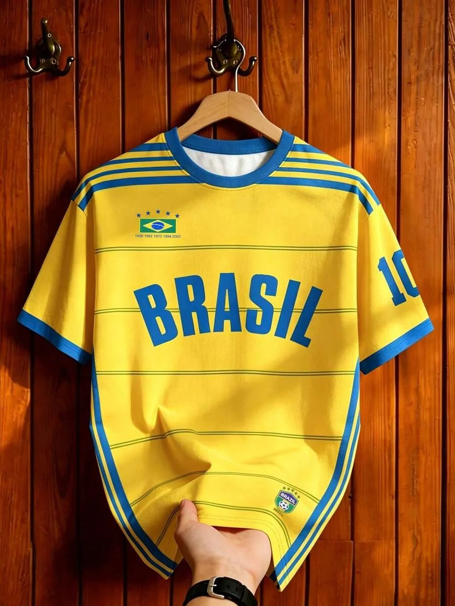 Kids Brazil Football T-Shirt Soccer Jersey Stripe & Retro Print Breathable Quick Dry Training Tee Fan Sport Top Men Women
