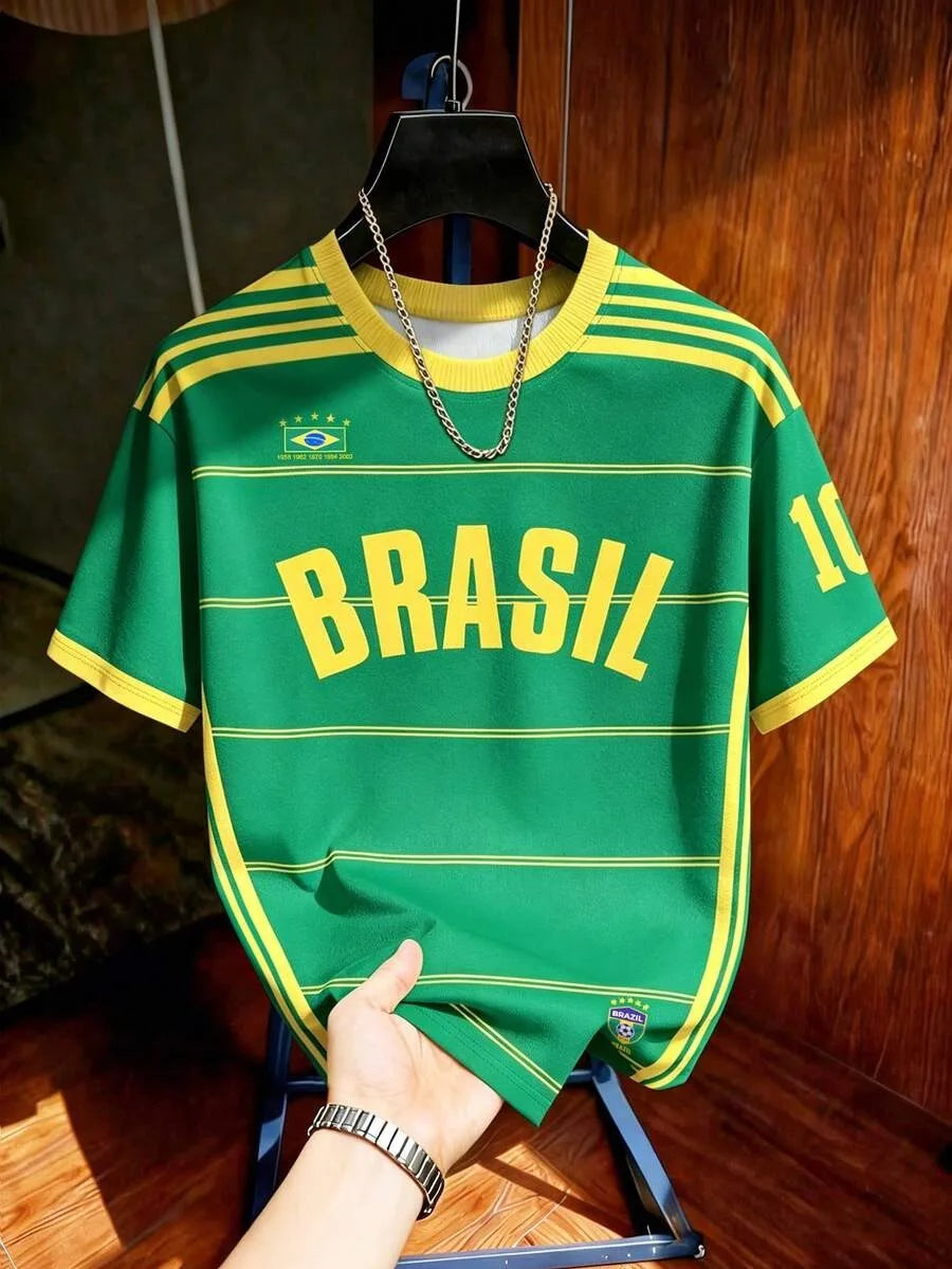 Kids Brazil Football T-Shirt Soccer Jersey Stripe & Retro Print Breathable Quick Dry Training Tee Fan Sport Top Men Women