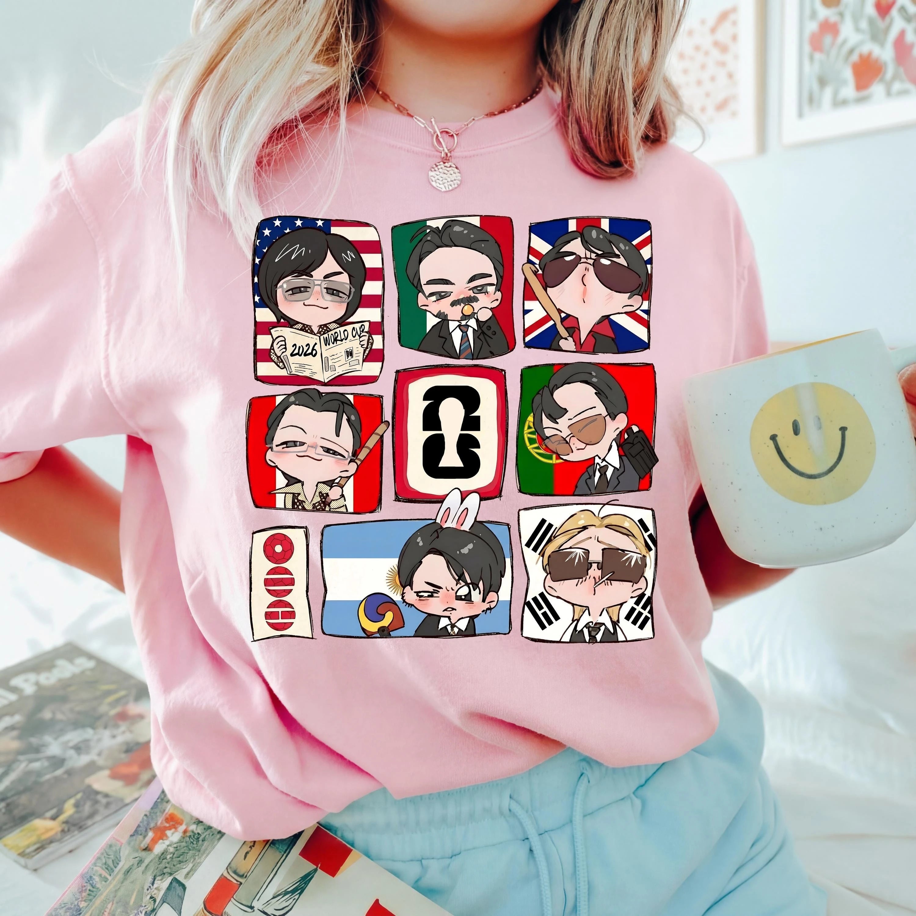 BTS & World Cup Cartoon Graphic Unisex Cotton Shirt Kpop Boy Band 2026 New Men's Women's Fashion Football Special Edition Tshirt