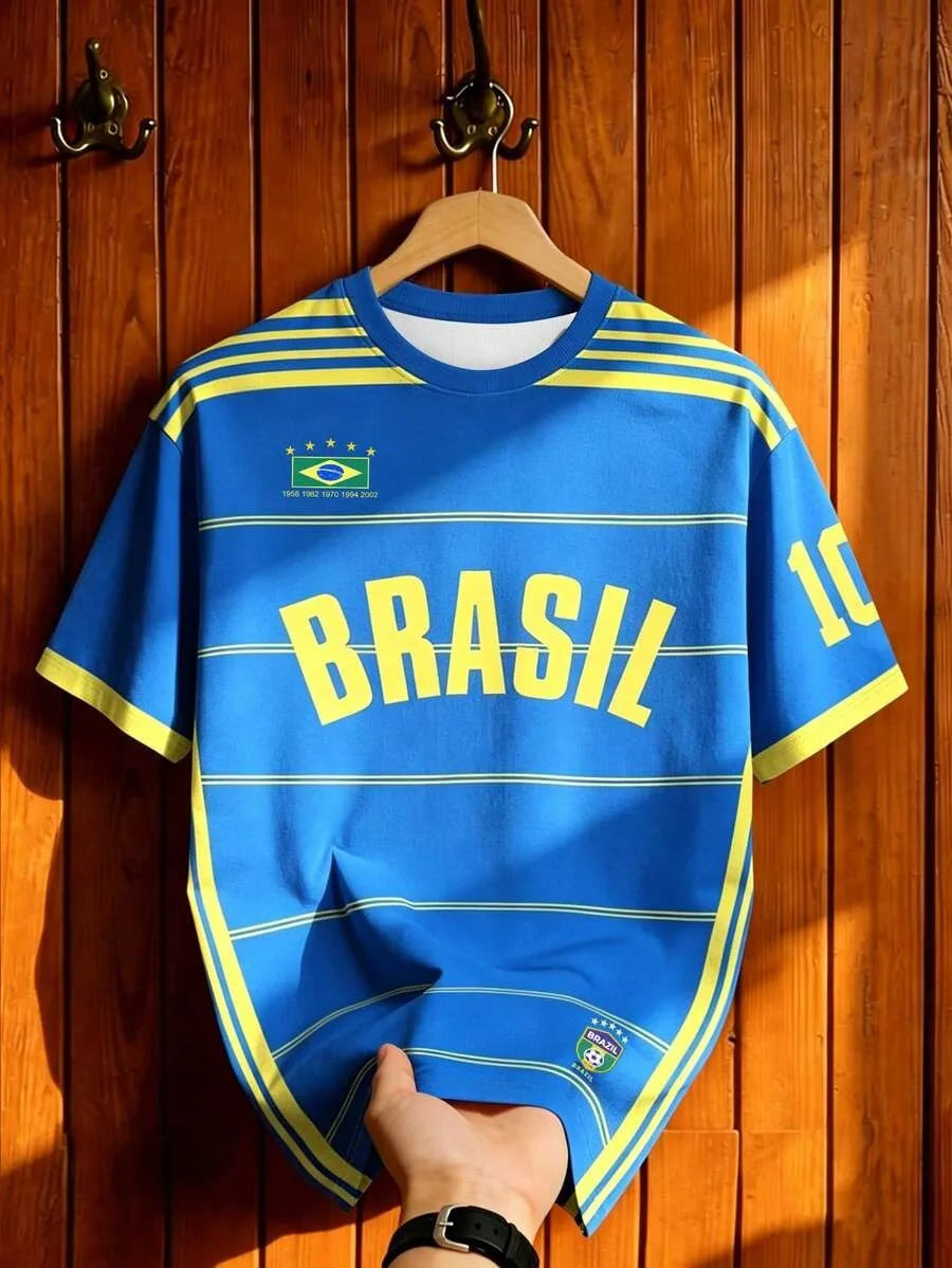 Kids Brazil Football T-Shirt Soccer Jersey Stripe & Retro Print Breathable Quick Dry Training Tee Fan Sport Top Men Women