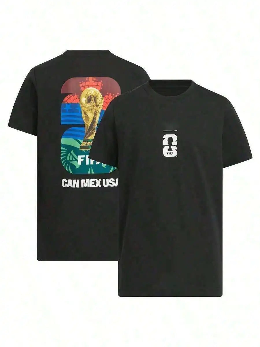 2026 World Cup Commemorative Short Sleeve T-Shirt, Front Logo, Back CAN MEX USA & Jules Rimet Design