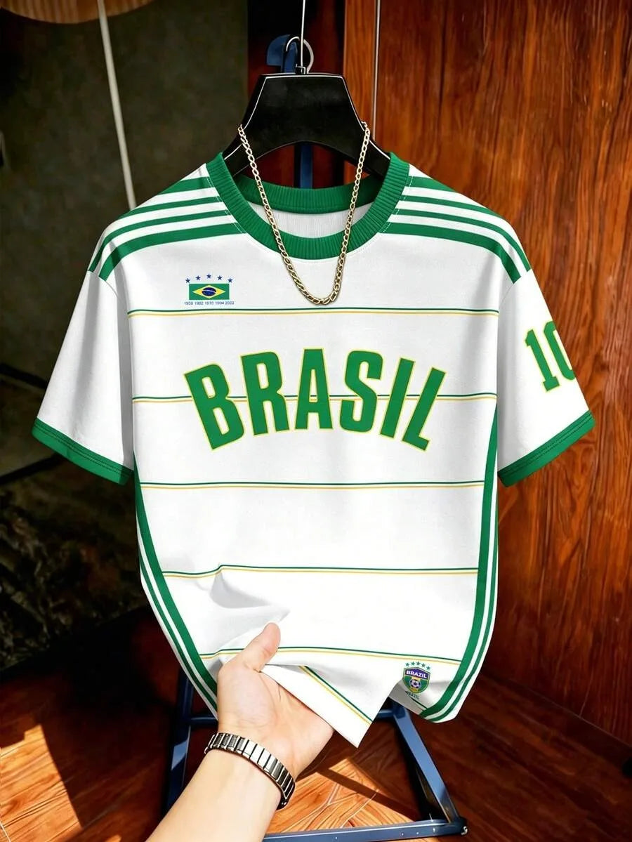 Kids Brazil Football T-Shirt Soccer Jersey Stripe & Retro Print Breathable Quick Dry Training Tee Fan Sport Top Men Women