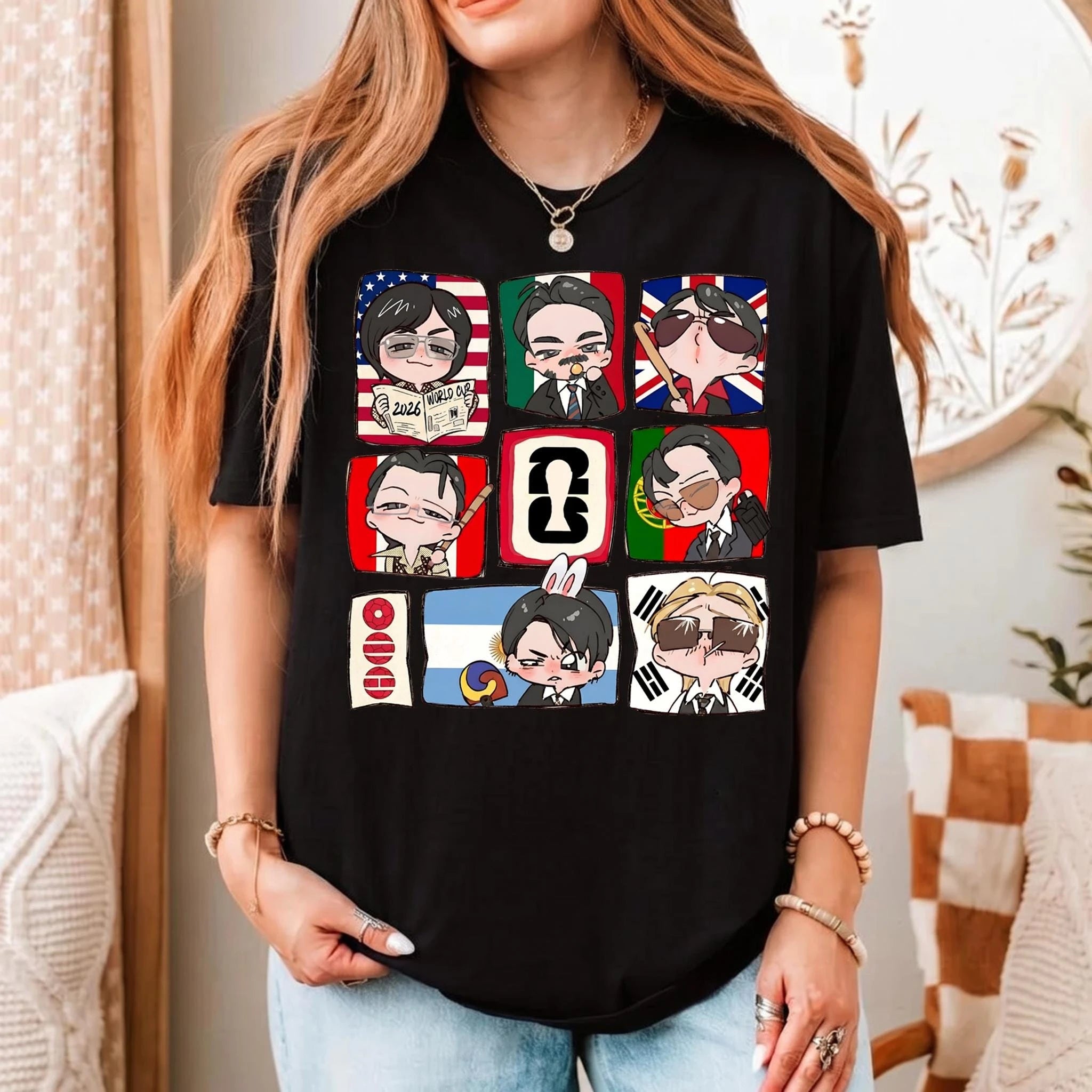 BTS & World Cup Cartoon Graphic Unisex Cotton Shirt Kpop Boy Band 2026 New Men's Women's Fashion Football Special Edition Tshirt